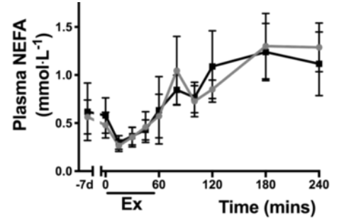 NR supplementation does not alter plasma levels of non-esterified fatty acids (NEFA) at rest or during exercise.