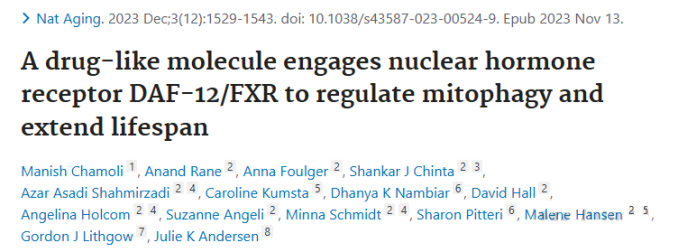 A drug-like molecule engages nuclear hormone receptor DAF-12/FXR to regulate mitophagy andextend lifespan